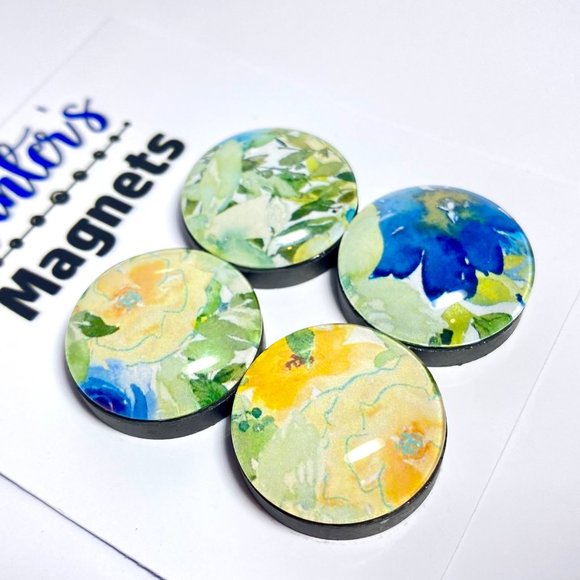 Set of 4 Magnets - Spring Floral Blue Glass Refrigerator Kitchen Whiteboard - Picture 2 of 3